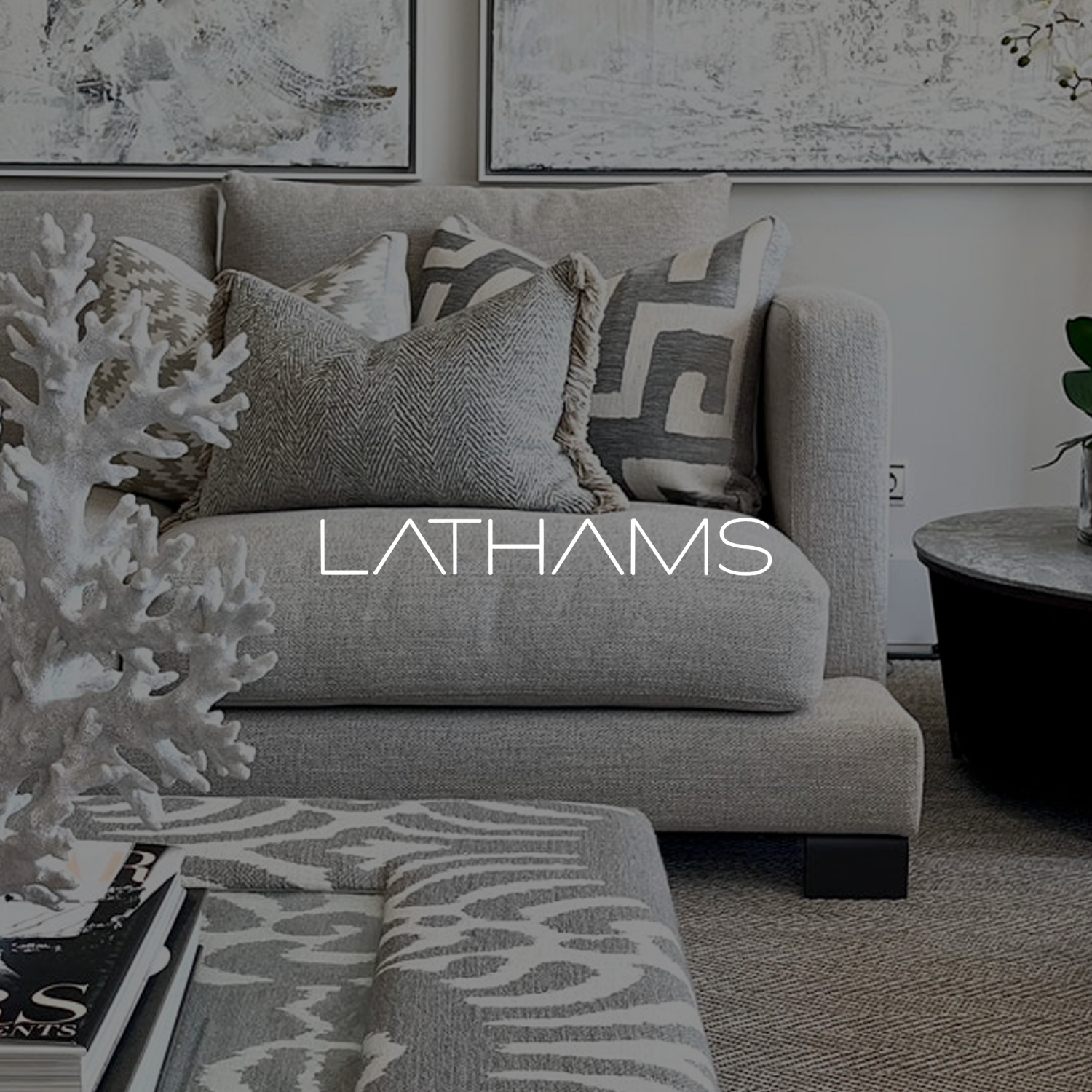 Lathams portfolio piece showing logo and image of sofa / home interior.