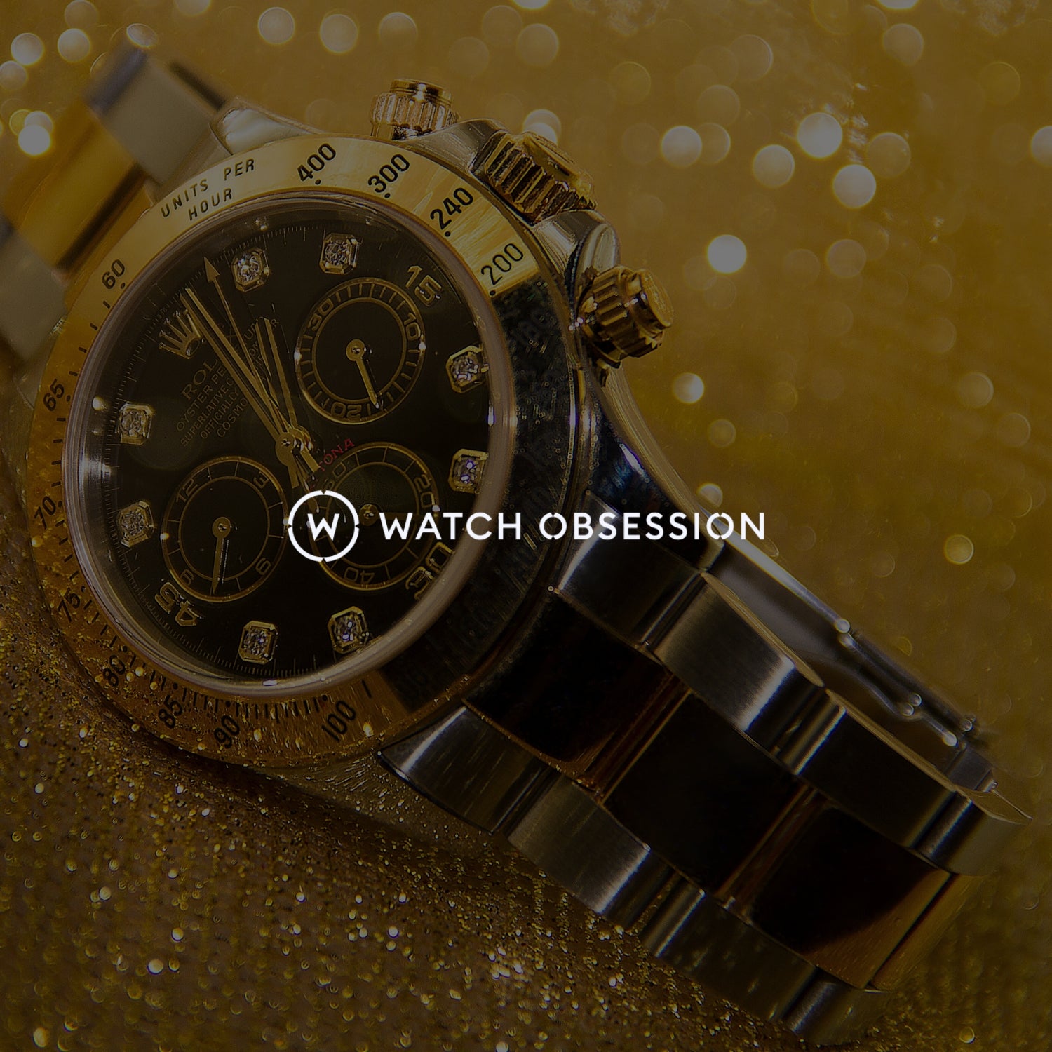 Watch Obsession portfolio piece with logo and image of gold Rolex watch on gold glittery background